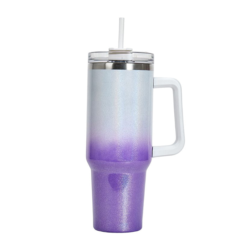 Tumbler with Handle, Leak-proof Lid and Straw, Insulated Coffee Mug Stainless Steel Travel Mug white purple