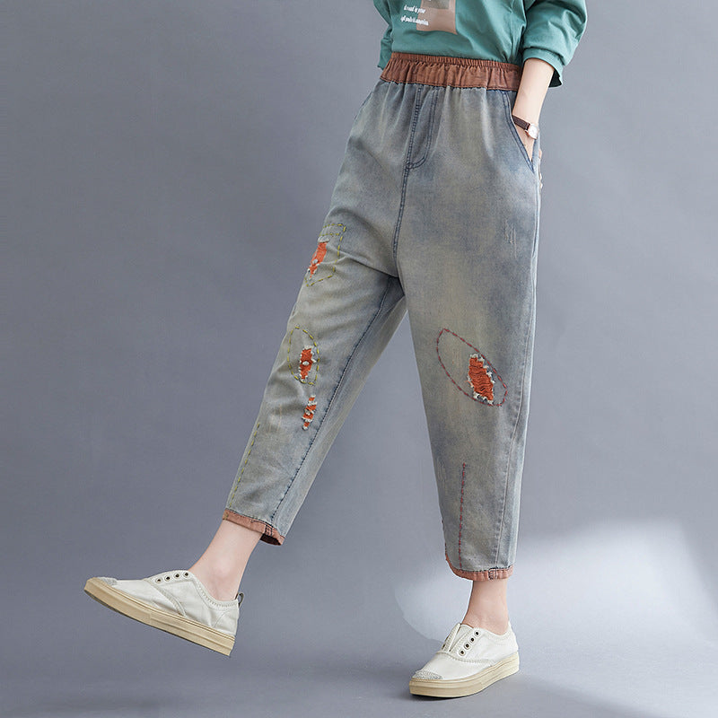 Contrasting Hole Denim Harem Pants Women