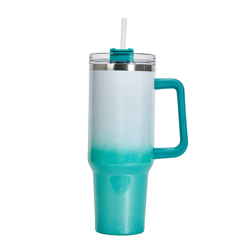 Tumbler with Handle, Leak-proof Lid and Straw, Insulated Coffee Mug Stainless Steel Travel Mug white green