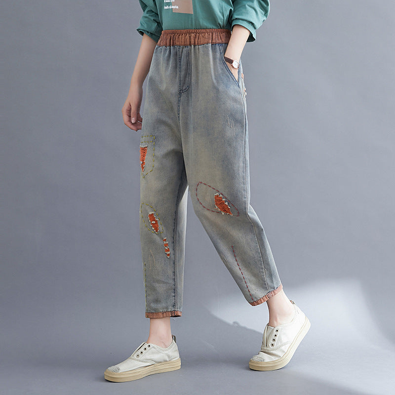 Contrasting Hole Denim Harem Pants Women