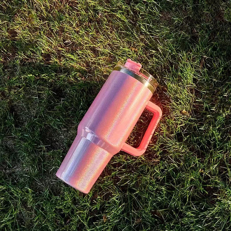 Tumbler with Handle, Leak-proof Lid and Straw, Insulated Coffee Mug Stainless Steel Travel Mug light pink color