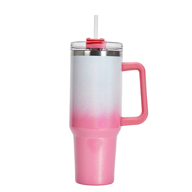 Tumbler with Handle, Leak-proof Lid and Straw, Insulated Coffee Mug Stainless Steel Travel Mug white pink color